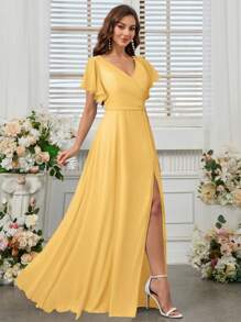 SHEIN Belle Váy phù dâu bằng vải chiffon xẻ cao cổ chữ V thanh lịch dành cho nữ - Màu vàng - Xem 3
