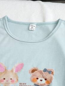 2pcs Girls Casual Sleepwear Set, Soft Cute Rabbit & Bear Graphic Tee With Ruffle Trim Crew Neck Short Sleeve Top And Ruffle Heart Print Long Pants, Light Blue And Dark Gray - Multicolor - View 8