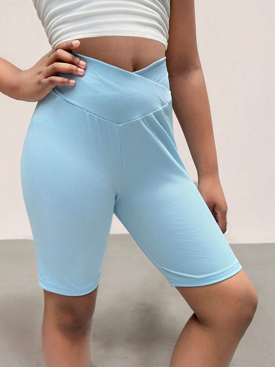 SHEIN Tween Girls Slim Fit V-Shaped Waistband Design Ribbed Short Leggings , Biker Shorts - Baby Blue - View 1