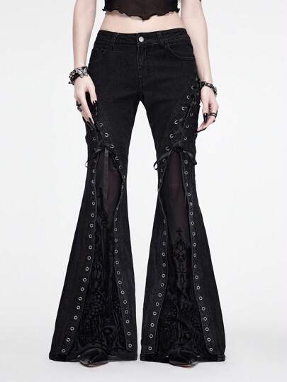 Gothic Dark Style Halloween Palace Castle Flocking Patchwork Eyelet Super Low Waist Flare Leg Jeans