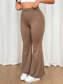 Flirla Pantalones rectos de talla grande de cintura alta, de color marrón, elásticos y de ajuste cómodo, versátiles y