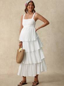 SHEIN Pregnant Women's Summer Holiday Solid Color Ruffled Hem Spaghetti Strap Dress Wedding Guest Dress Vacation Outfits  Birthday Dresses For Maternity White Maternity Dress - White - View 4