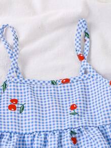 SHEIN Vintaside Kids Young Girl Plaid Cherry Print Camisole Top And Shorts Set, Summer Cool And Comfortable Outfit For Outdoor Activities Summer Holiday