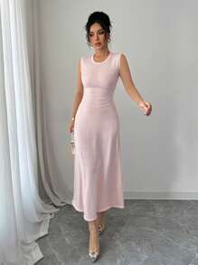Selianne Fashionable Elegant Round Neck Sleeveless Rhinestone Decor Dress For Women - Pink - View 4