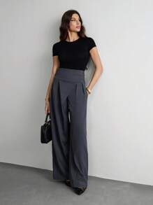 SHEIN Tall 深灰色设计阔腿裤女士修身套装宽松高腰落裆长裤，办公室穿着女士裤子