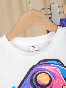 6 pièces/set T-shirt à manches courtes col rond ample avec short pour enfants garçons, style décontracté universitaire, motifs d'animaux de dessins animés confortables. Comprend 3 motifs différents, convient pour l'école, le jardin, la plage, les fêtes d'anniversaire au printemps, en été, en automne et en hiver. - Multicolore - Voir 3