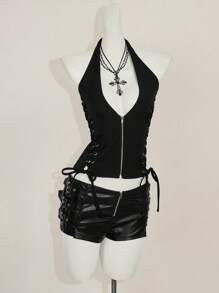 SHEIN ICON 夏季 Y2K V 领外出演唱会女士演唱会黑色哥特性感索环纯色时尚侧交叉带露背背心，夏季