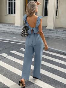 SHEIN Frenchy Mono de mujer con espalda descubierta, manga tipo gorra y nudo anudado, de unicolor