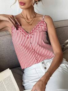 SHEIN Frenchy Áo ba lỗ rộng rãi thiết kế nút kẻ sọc cho nữ - Đỏ và trắng - Xem 3