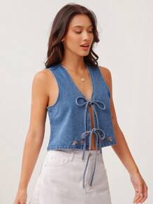 WESTFADE 夏季棉质牛仔 V 领可爱蝴蝶结前部无袖乡村西部春季花卉刺绣宽松短款背心上衣女牛仔竞技表演 - 中等水洗藍 - 查看 5