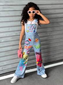 SHEIN Explorewe 少女卡通印花無袖背帶褲，街頭風格