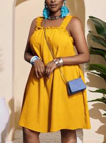 Slaydiva 大码无袖纯色休闲度假连衣裙 - 黃色 - 查看 10