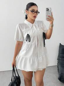 Flirla Chemise d'été minimaliste avec nœud décoratif et volant à l'ourlet pour femmes de grande taille