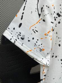 SHEIN 2pcs Tween Boy Casual Splatter Print Round Neck Short Sleeve T-Shirt And Shorts Suit Set, Loose & Comfortable Loungewear - Black and White - View 3