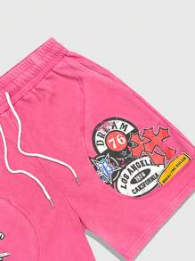 ROMWE MEN Prep Men's Letter Cross Print Drawstring Waist Casual Shorts - Pink - View 3