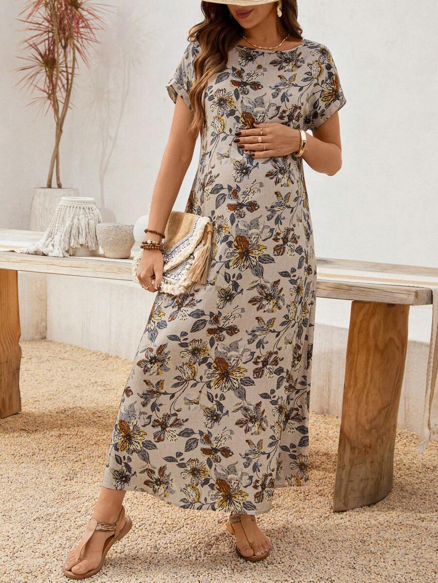 SHEIN 孕妇休闲度假波西米亚风花卉太阳裙 - 卡其色 - 查看 1