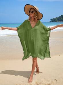 Swim Vcay Vestido cubre con mangas de murciélago y cuello en V de unicolor, atuendo de vacaciones para mujeres - Verde Oliva - Ver 3