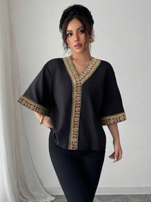 Chiquease Women's Elegant Batwing Sleeve Blouse, Loose Design, Golden Decorative Ribbon, Middle Eastern Style Latest Spring/Summer Fashion - Black - View 3