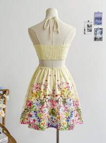 Soleia Romantic Butterfly Floral Print Drawstring Neck Hollow Out Waist Casual Holiday Dress For Women, Suitable For Date, Anniversary, Valentine's Day, Afternoon Tea,Bohemian Clothes Vacation Dress - Yellow - View 2