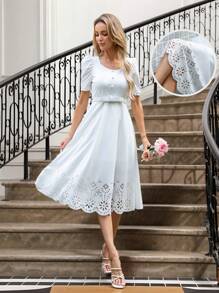 SHEIN LUNE Women's Elegant White Summer Dress Sweetheart Neck Lace Patchwork Mid-Length Dress,Graduation Church Dresses & Wedding Guest Solid Color Short Sleeve - White - View 11