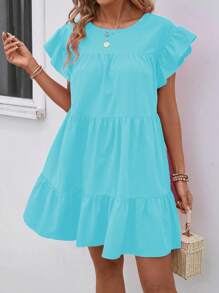 SHEIN LUNE Women Summer Solid Color Round Neck Loose Babydoll Dress With Ruffle Trim Vacation Beach Outfit