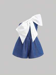SHEIN Tween Girls' Fashionable Soft Y2k White Bowknot Blue Loose Fit Denim One-Shoulder Jumpsuit Overalls Shorts For Tween Girl Clothes Boy Costume Dailywear Streetwear And The Four Seasons Tween Girl Clothes - Medium Wash - View 3