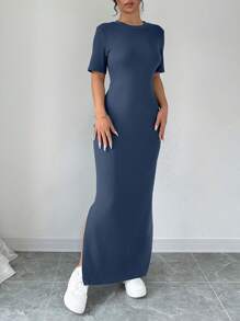 Selianne 女式V领开衩纯色短袖长裙女装 - 藏蓝色 - 查看 4