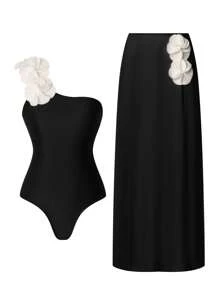 Swim Oasis 2pcs/Set Oblique Shoulder Black Swimsuit With White Floral Decoration & Long Slit Beach Skirt For Summer Beach Vacation