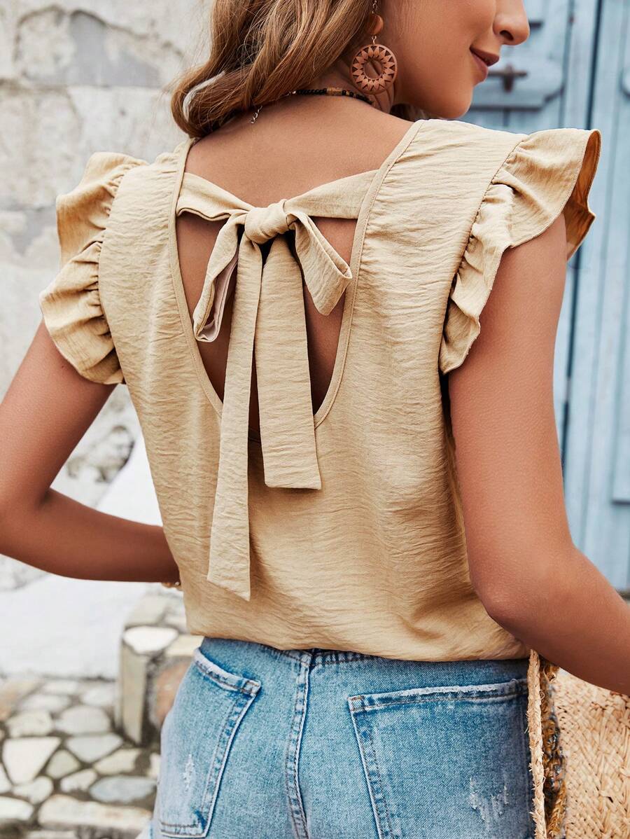 SHEIN Frenchy Women's Summer Vacation Solid Colored Back Cross Strap Ruffle Trim Blouse Brown Casual - Khaki - View 1