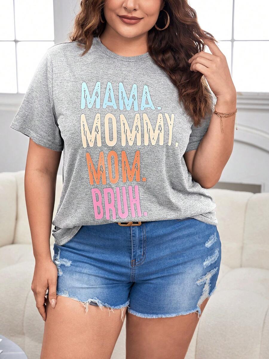 SHEIN LUNE Plus Size Round Neck Short Sleeve T-Shirt, Fashionable For Summer - Light Grey - View 1