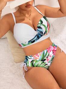SHEIN Swim Curve 大码女式两件套高腰花卉比基尼套装，带钢圈可拆卸衬垫，夏季泳装 - 彩色 - 查看 1