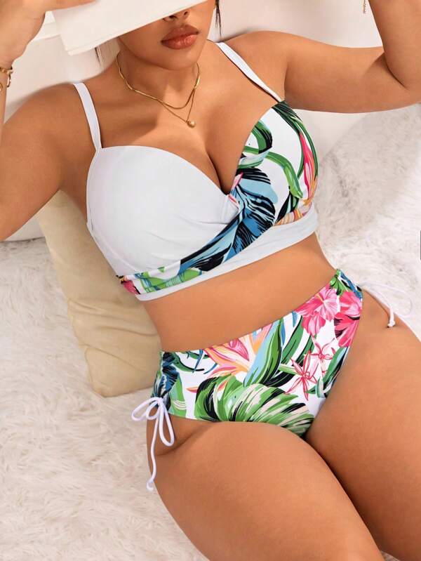 SHEIN Swim Curve Damen Große Größen 2-teiliges Bikini-Set mit hoher Taille und Blumenmuster, mit Bügel, abnehmbarem Polster, Sommerbademode