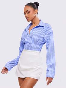 Hauture Striped Print Front Button Elegant Commuter Long Sleeve Bodysuit