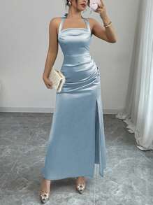 Rafferiza Elegant Champagne Color Bodycon Camisole Satin Hem Side Slit Dress - Baby Blue - View 6