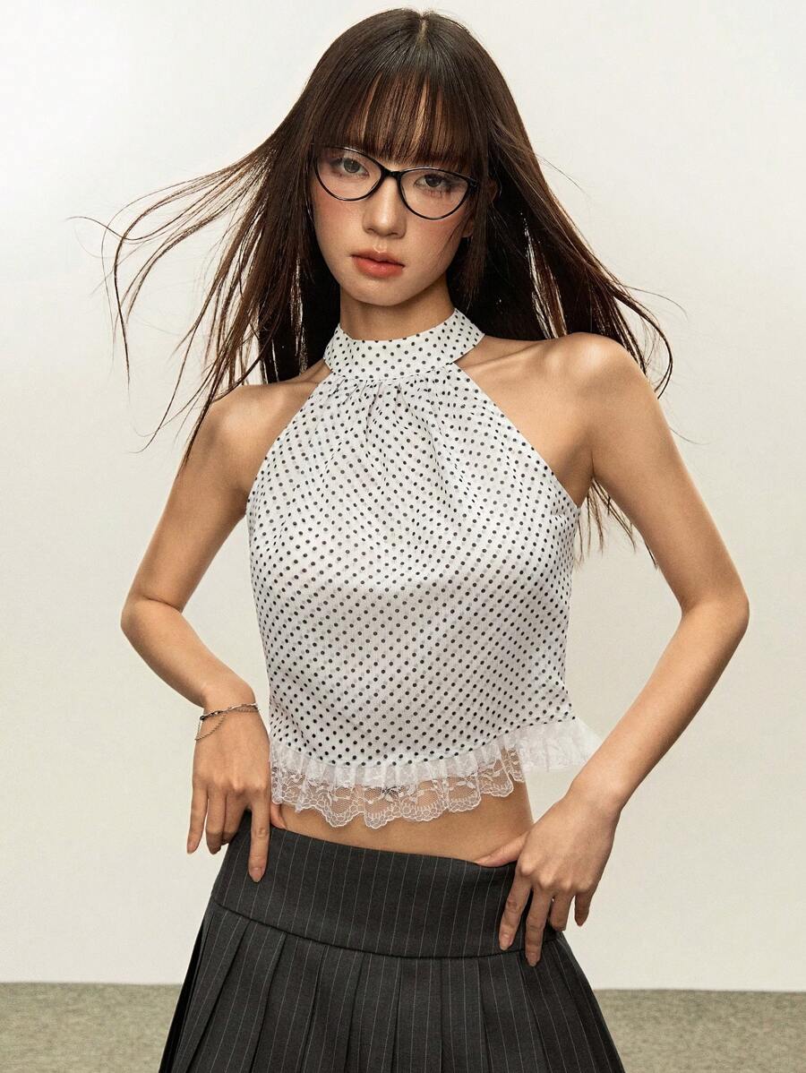 Rina Fox Áo hai dây cổ yếm in họa tiết chấm bi ren trong suốt dành cho nữ - trắng - Xem 1