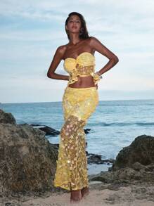 Opulessa Women's Solid Color Beaded Mesh Patchwork Fishtail Hem Skirt