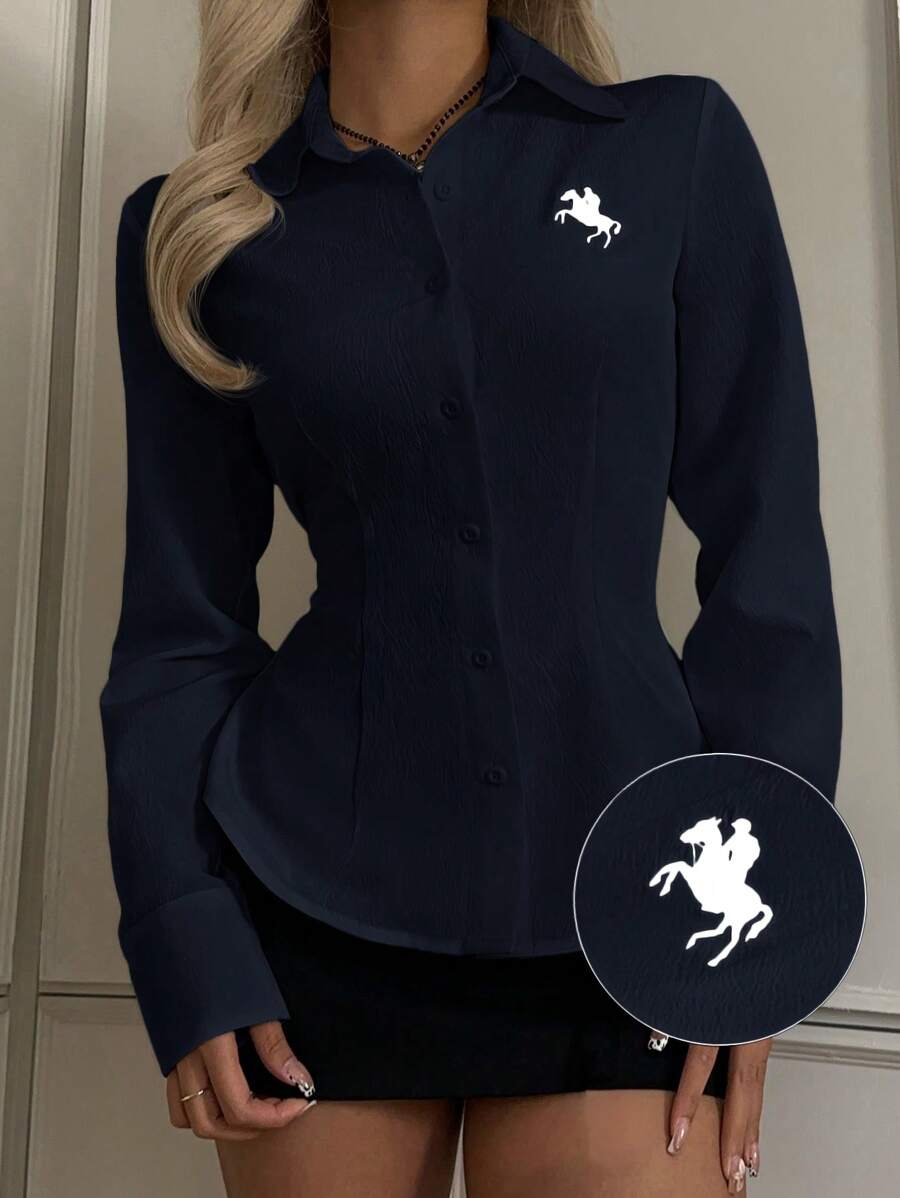 SHEIN EZwear Women's New Embroidery Decor Navy Blue Fitted Long Sleeve Shirt - Navy Blue - View 1