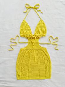 Soleia Robe en maille femme à col ras-du-cou sans dos, de couleur unie, pour les vacances à la plage - Jaune moutarde - Voir 2