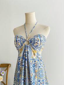 Soleia Abito da donna con stampa a toppework tropicale sudamericano con uccelli e foglie di ananas, con scollo a tubino, schiena scoperta e fiocco in vita, adatto per le vacanze