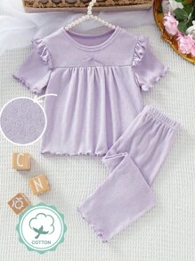 Infant & Baby Girl2Pcs Set - Knit Jacquard Top With Ruffle Sleeve And Matching Wavy Hem Pants, Comfortable Loungewear, Spring/Summer - Violet Purple - View 1