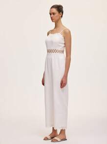 Chiquease 女士休闲度假棉麻蕾丝拼布镂空吊带连体裤 - 白色 - 查看 5