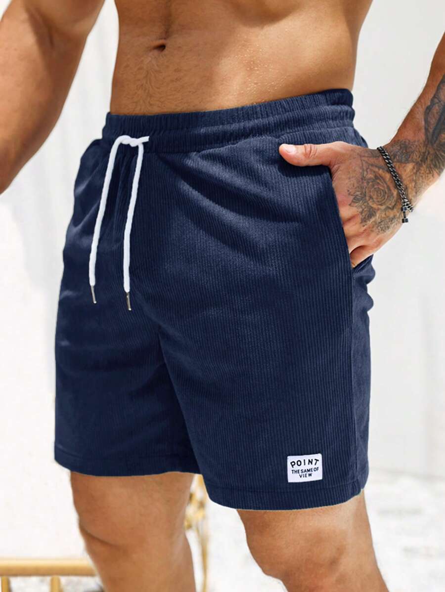Manfinity Homme Loose Fit Men's Letter Patched Detail Drawstring Waist Shorts For Gym Casual, Corduroy, Fall/Winter - Navy Blue - View 1