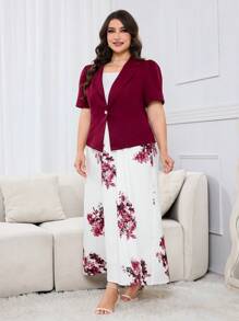 Modelyn 加大码花卉印花吊带连衣裙和纯色短袖开衫两件套 - 酒紅色 - 查看 6