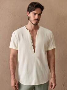 Manfinity VCAY Camisa de manga corta con cuello en V, de ajuste relajado y tejido casual para hombre