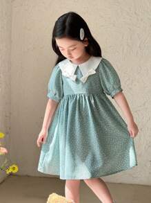 SHEIN 小女孩可爱拼色领泡泡袖连衣裙 - 彩色 - 查看 5