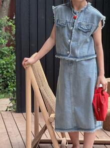 Dazy Kids 青少年女孩牛仔两件套服装 - 淺色水洗藍 - 查看 2