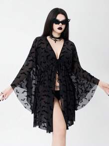 Bloopia Kimono de mujer para verano y vacaciones, de tela transparente y suelta con estampado de murciélago, para cubrir, Halloween - Negro - Ver 6