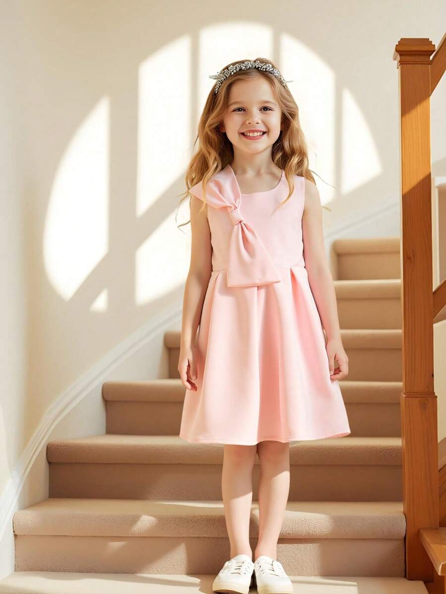 SHEIN Vestido de fiesta de satén con un solo hombro y diseño de lazo oversize para niñas, para primavera y verano - Rosa vieja - Ver 1