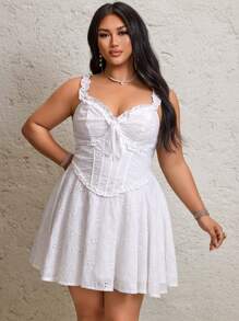 Flirla 大码女式甜美白色刺绣荷叶边吊带连衣裙 - 白色 - 查看 3