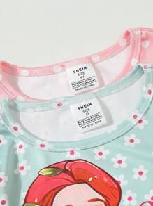 SHEIN 4 件套少女柔软光滑波尔卡圆点和花朵公主紧身睡衣套装、短袖上衣和裤子 - 彩色 - 查看 6